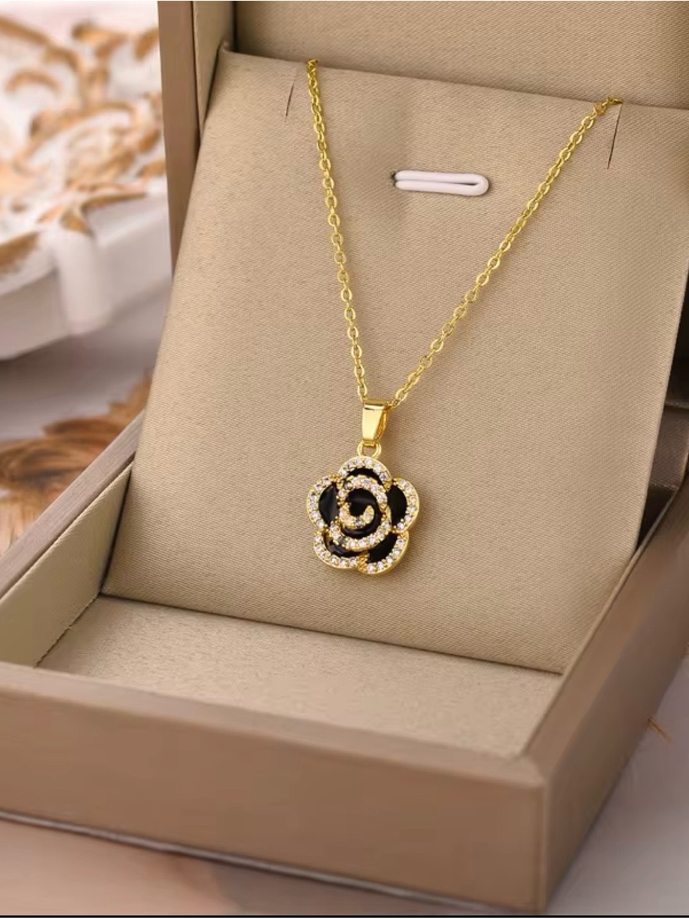 Gold Rose Pendant Necklace with Black Enamel and Crystals